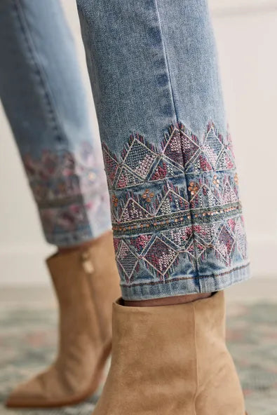 Embroidered Pull-on Jean - Light Vintage Denim