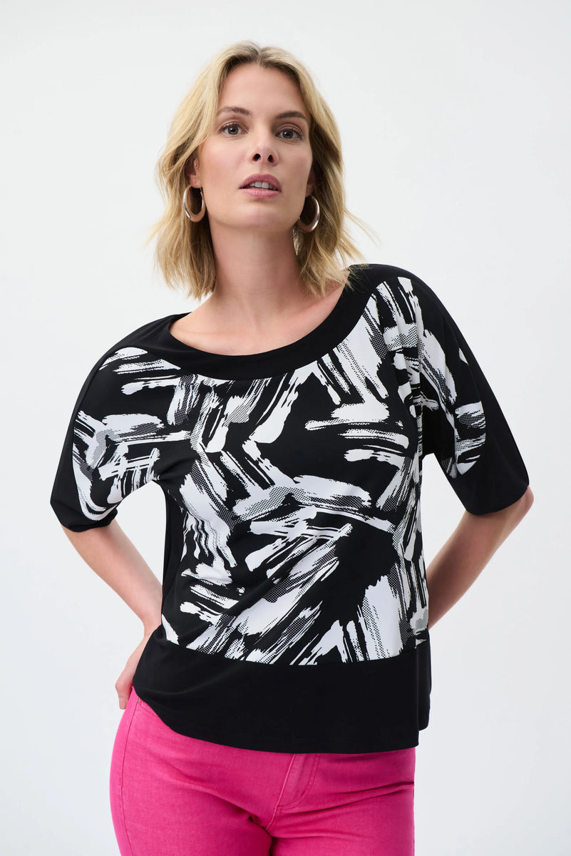 Joseph Ribkoff Abstract Print Boxy Top Black White 231177