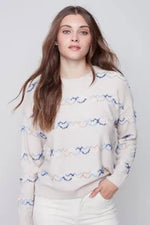 Charlie B Printed Pullover Sweater with Hearts - Almond C2526