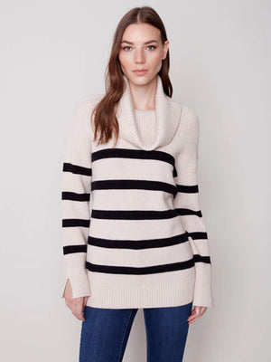 
            
                Load image into Gallery viewer, Charlie B Striped Turtleneck Sweater - Blk/Cream C2600
            
        