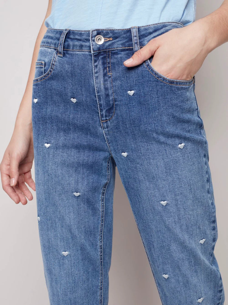 Charlie B Embroidered Jeans- Silver Hearts