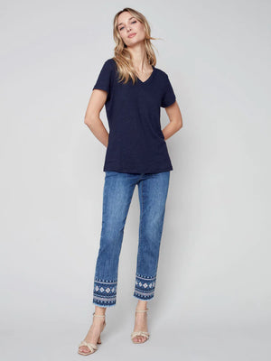 
            
                Load image into Gallery viewer, Charlie B Linen Jersey T-shirt C1231RPK Navy
            
        