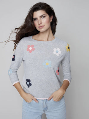 Charlie B Daisy Patch Sweater C2501 Light Grey