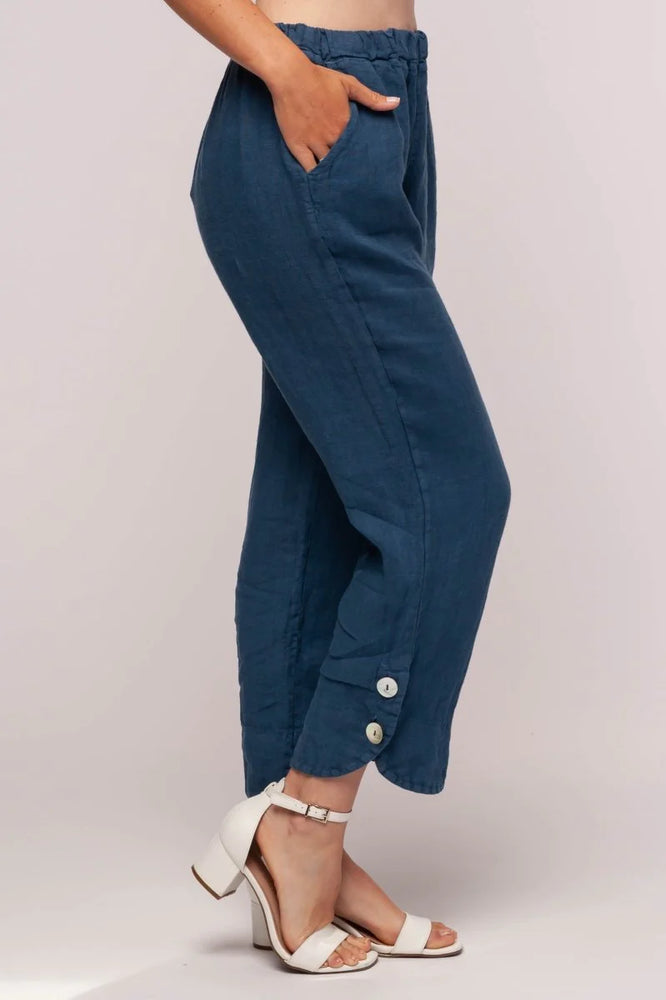 
            
                Load image into Gallery viewer, Linen Luv Pant with Tulip Cuff Button Detail- Blue PT746
            
        