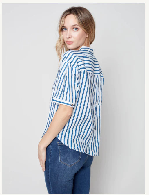 Charlie B Cropped Linen Blouse with Stripes C4468P