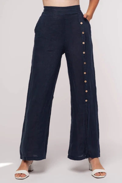 Linen Luv Pant With Button Detail- Blue PT704