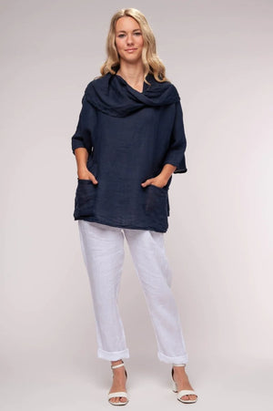 Linen Luv Cowl Neck Relaxed Top- Blue TP808