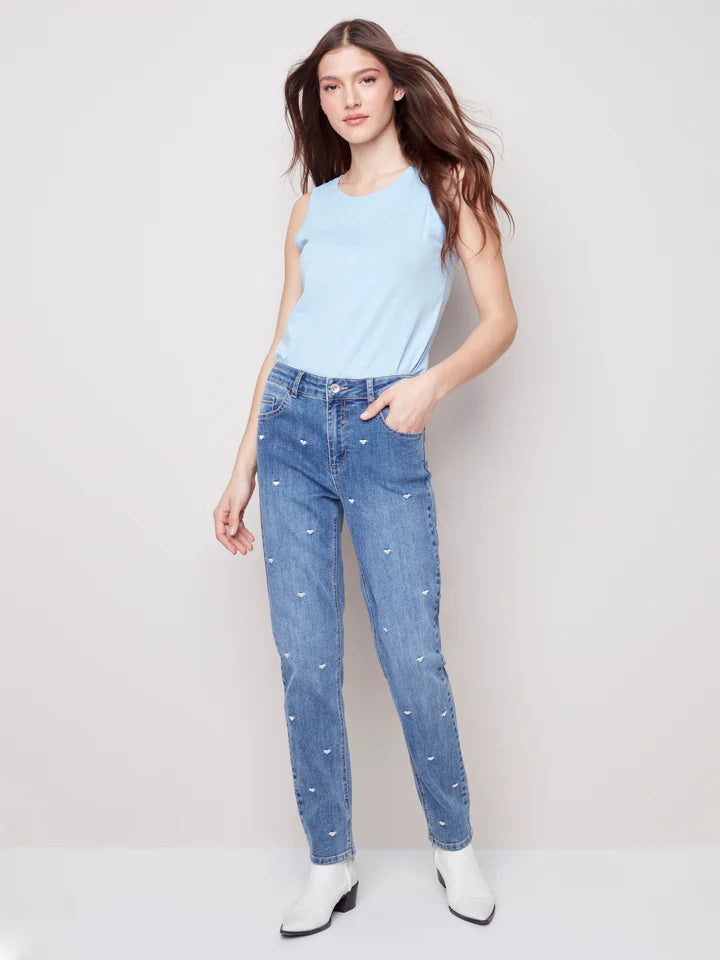 Charlie B Embroidered Jeans- Silver Hearts