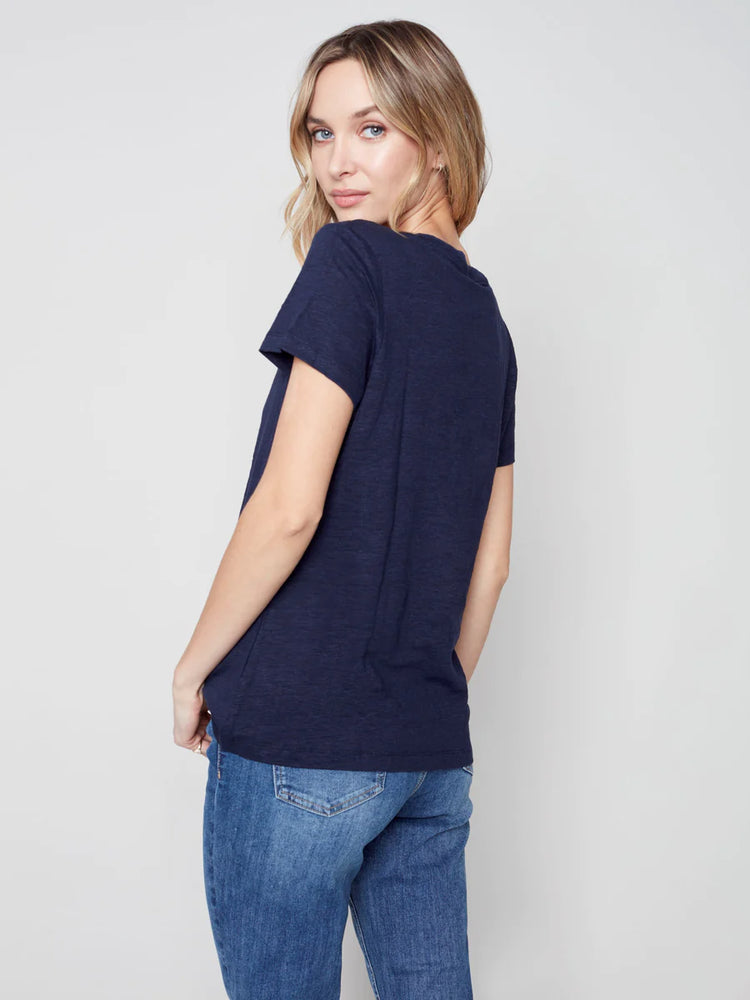
            
                Load image into Gallery viewer, Charlie B Linen Jersey T-shirt C1231RPK Navy
            
        